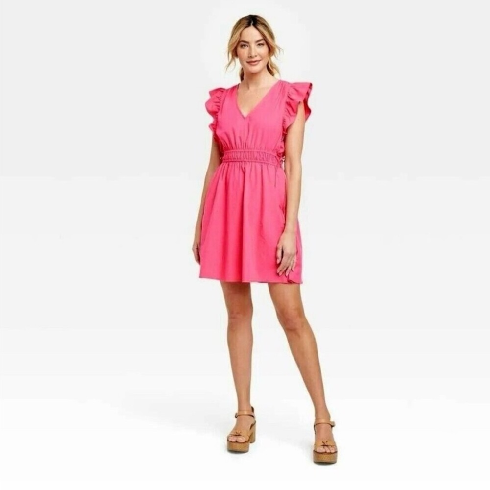 NWT V-Neck Ruffle Sleeve Midi Dress in Coral
